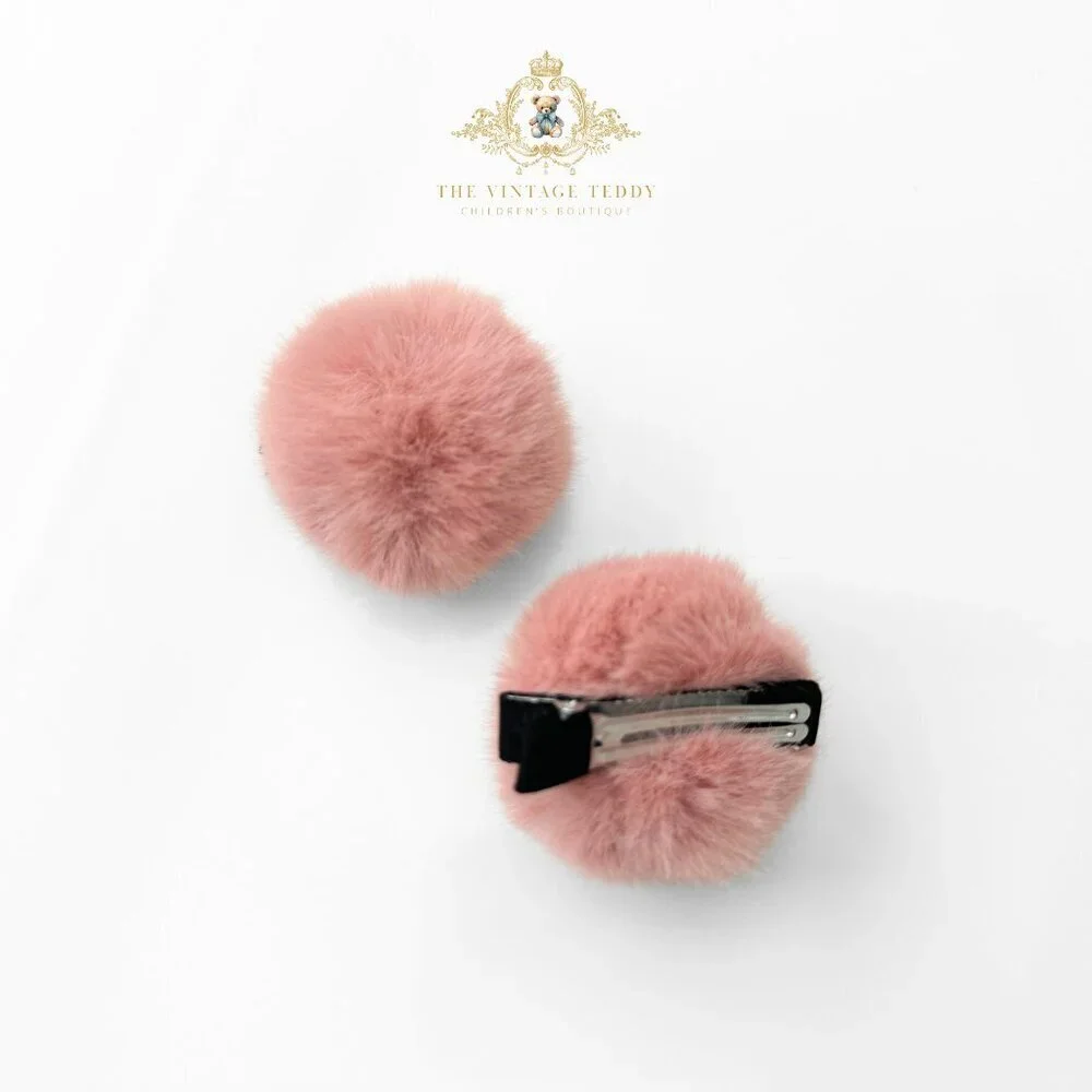 Cute Girls Pom Pom Hair Clips Boutique Hair Accessories for Girls Faux Fur Blush